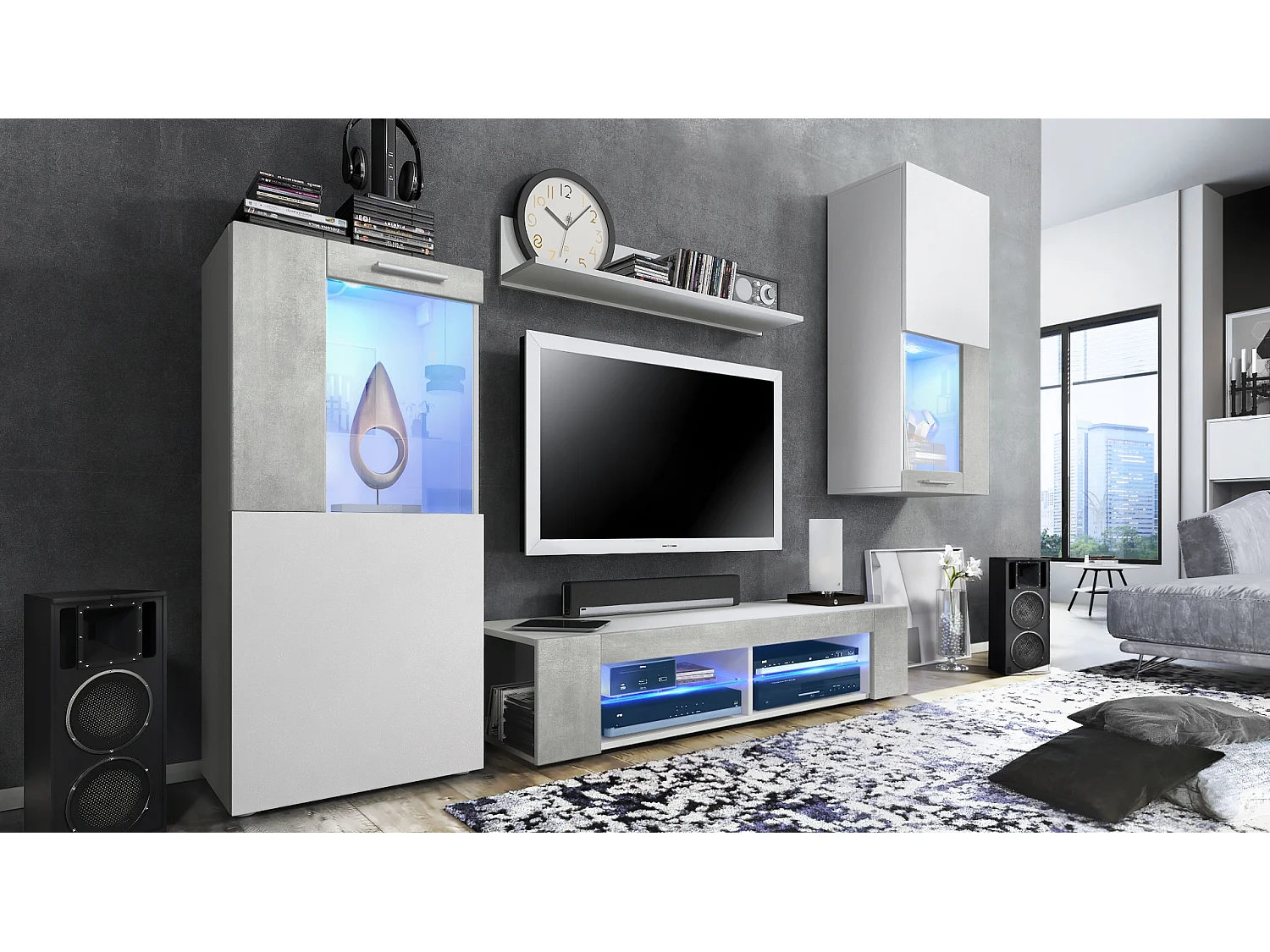 Ensemble de salon Movie comprenant 1 meuble bas TV, 2 vitrines et 1 étagère, Blanc mat/Aspect Béton Oxyde, (Dimensions totales : 300 x 190 x 39 cm)