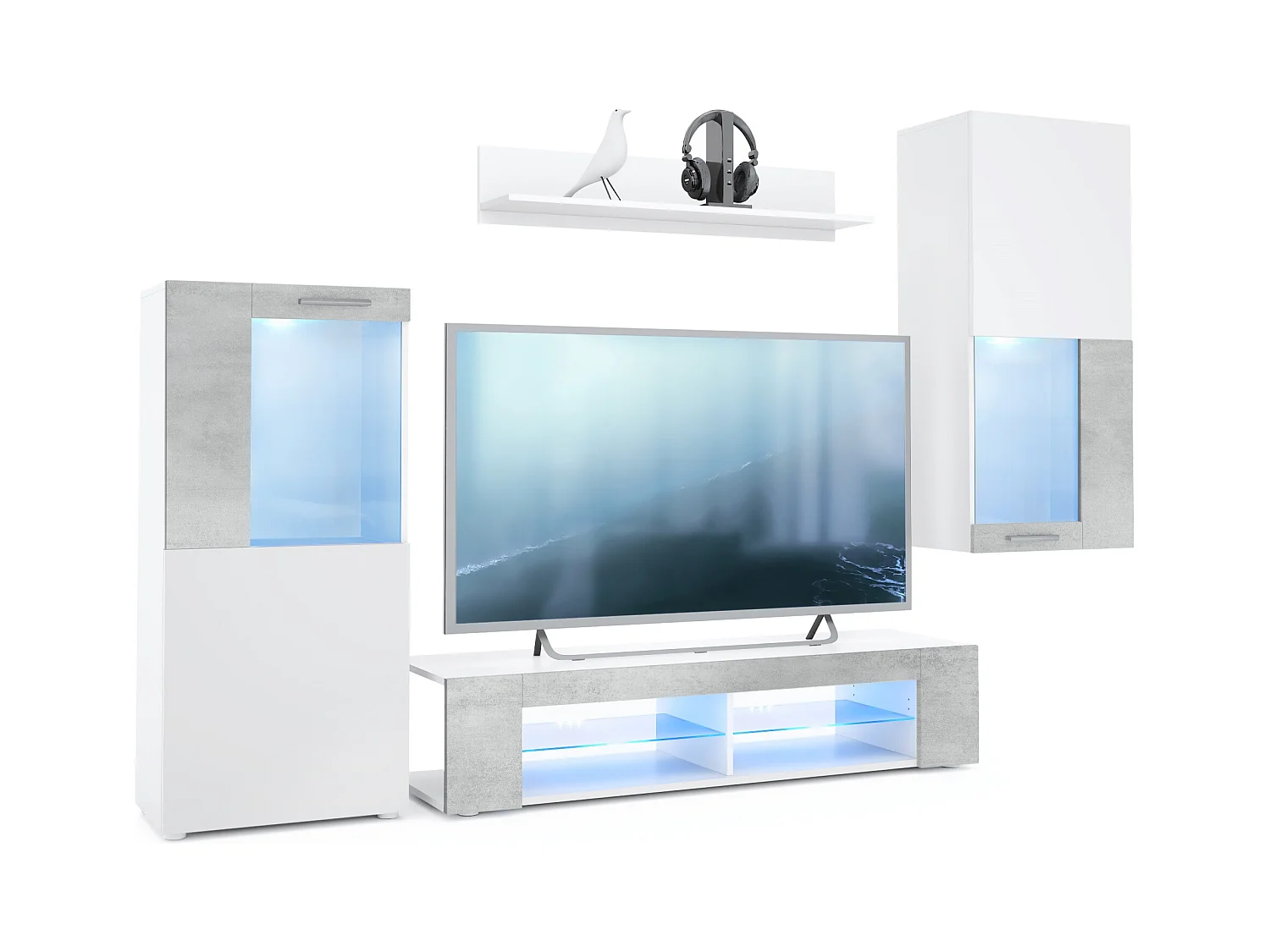 Ensemble de salon Movie comprenant 1 meuble bas TV, 2 vitrines et 1 étagère, Blanc mat/Aspect Béton Oxyde, (Dimensions totales : 300 x 190 x 39 cm)