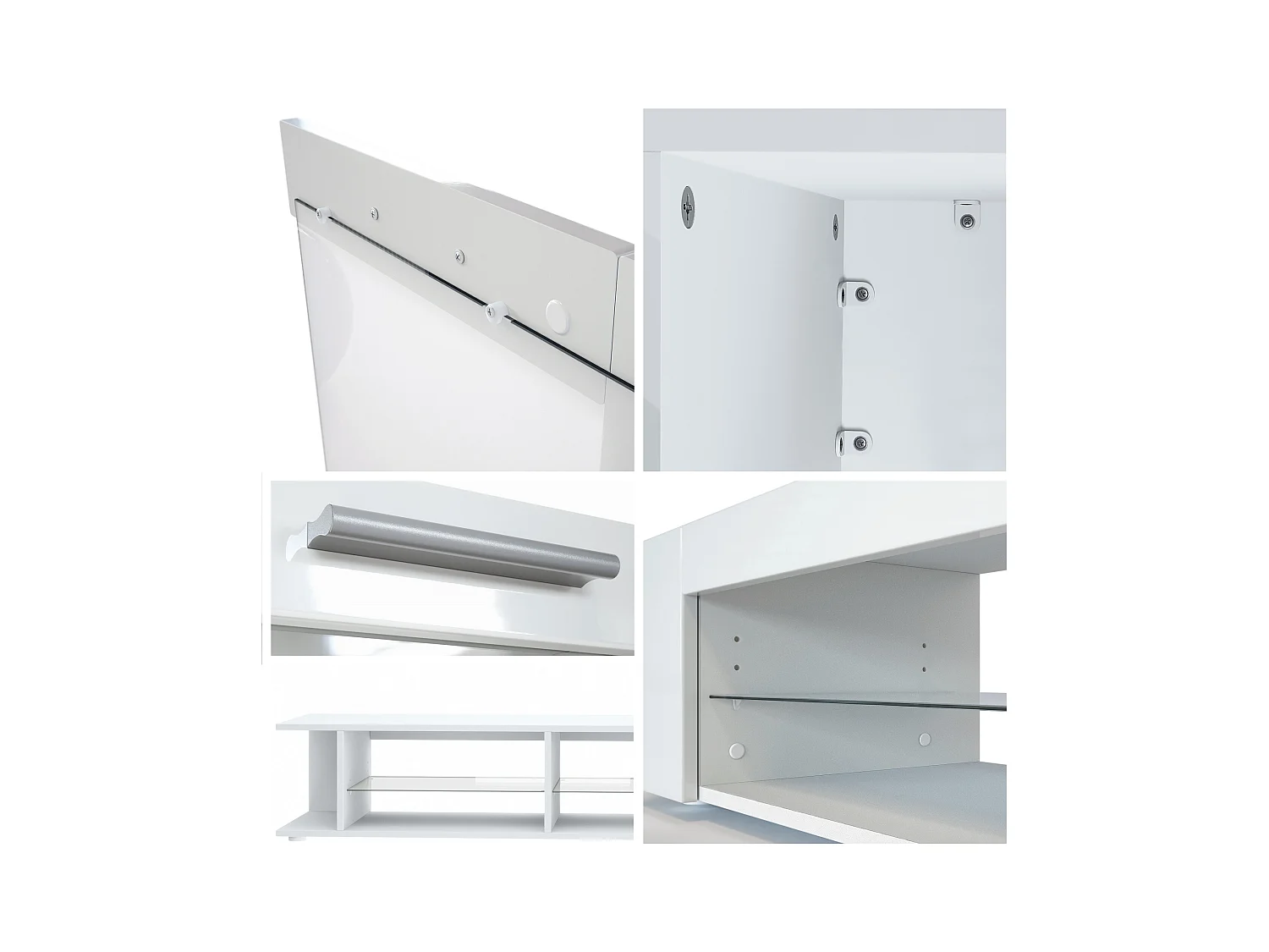 Ensemble de salon Movie comprenant 1 meuble bas TV, 2 vitrines et 1 étagère, Blanc mat/Aspect Béton Oxyde, (Dimensions totales : 300 x 190 x 39 cm)