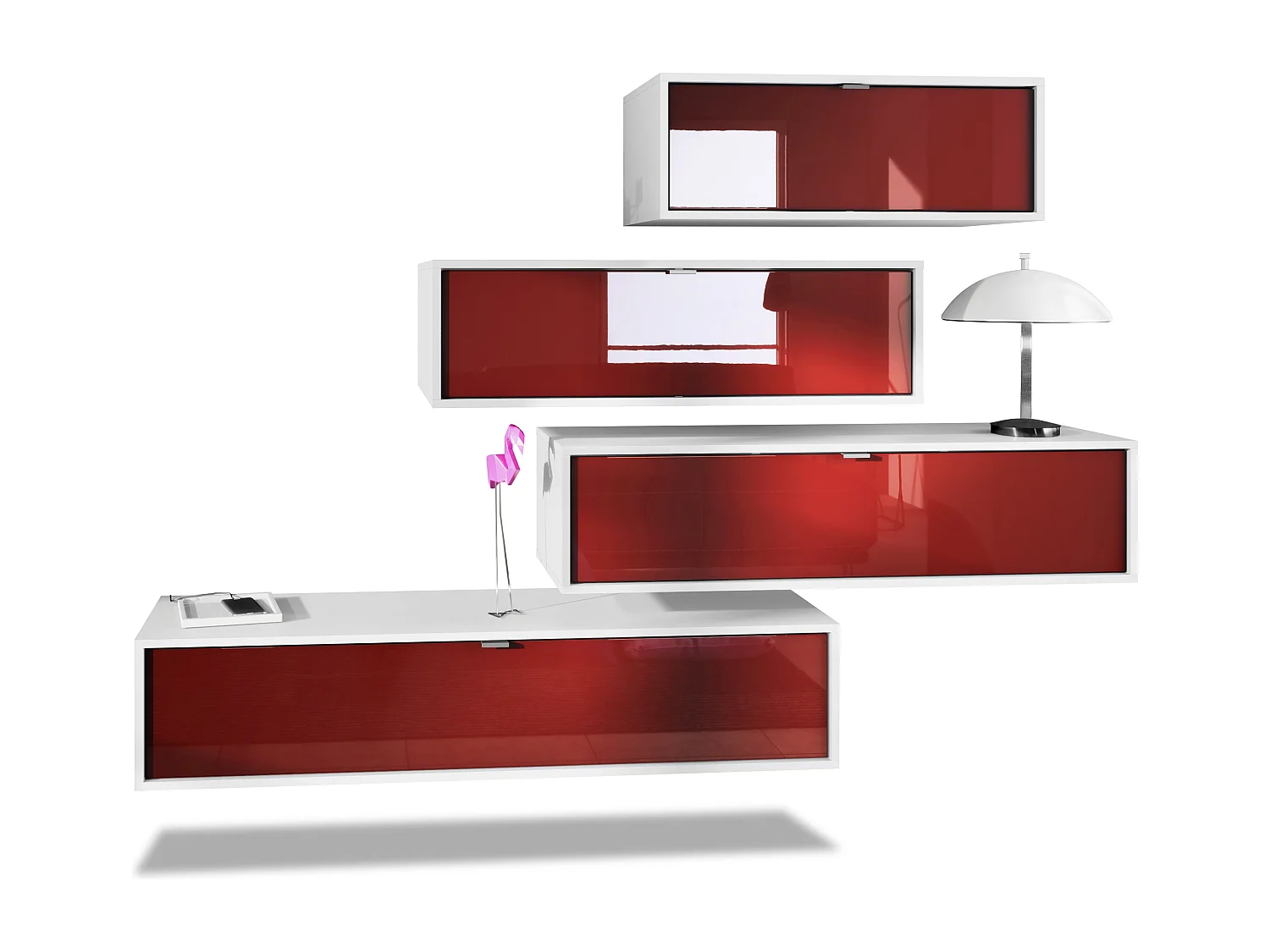 Unité murale Lana V3 composée de 4 unités murales à 10 compartiments, caisson en Blanc mat, façades en Bordeaux haute brillance