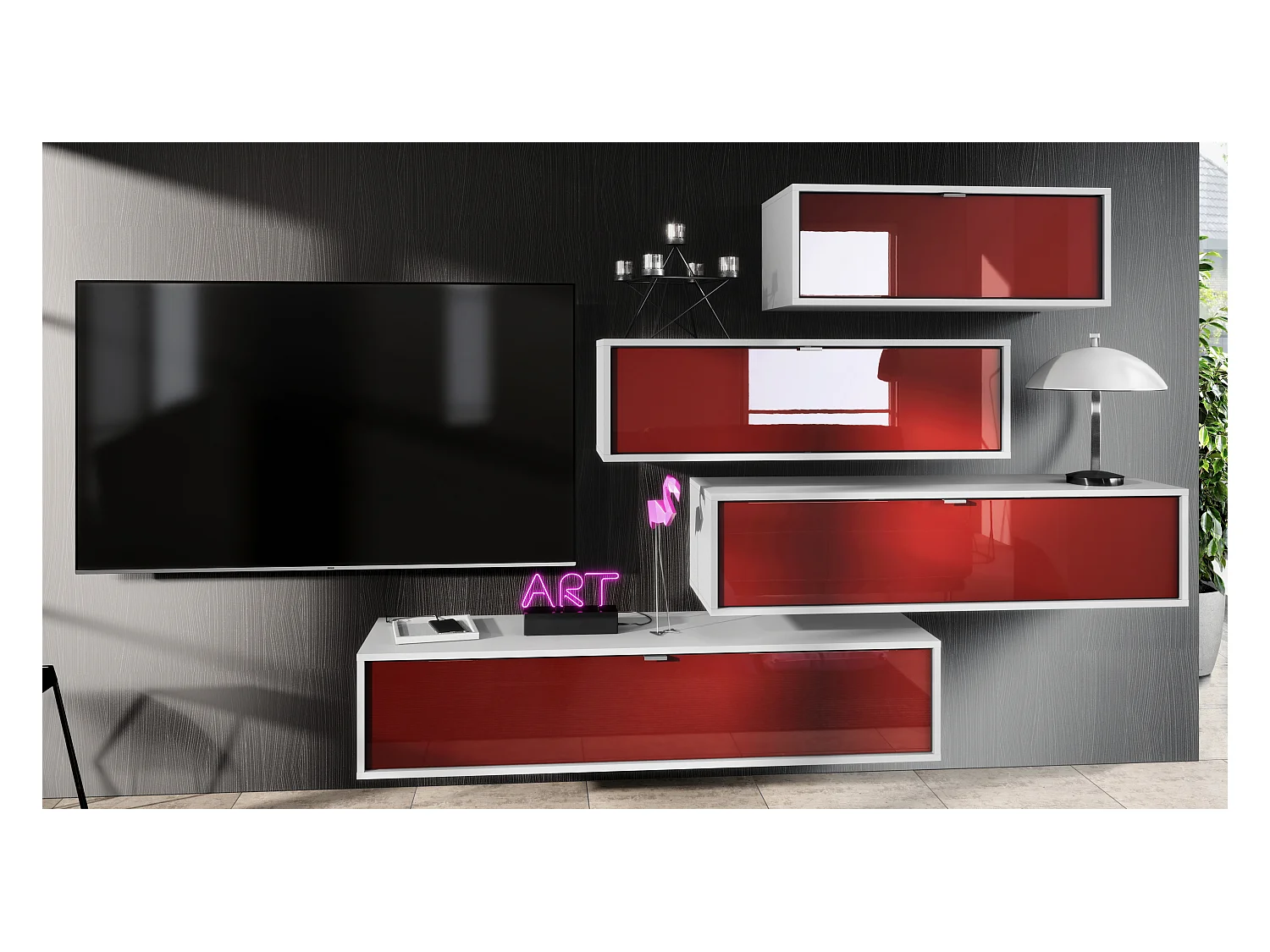 Unité murale Lana V3 composée de 4 unités murales à 10 compartiments, caisson en Blanc mat, façades en Bordeaux haute brillance