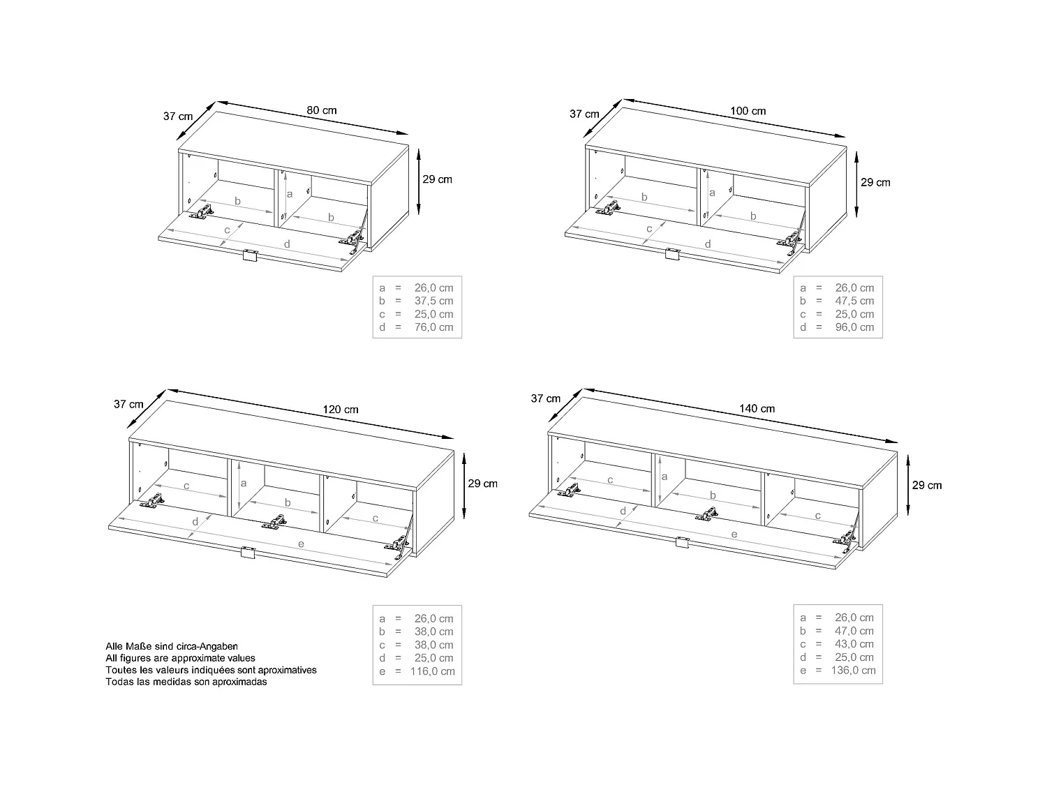 Unité murale Lana V3 composée de 4 unités murales à 10 compartiments, caisson en Blanc mat, façades en Bordeaux haute brillance