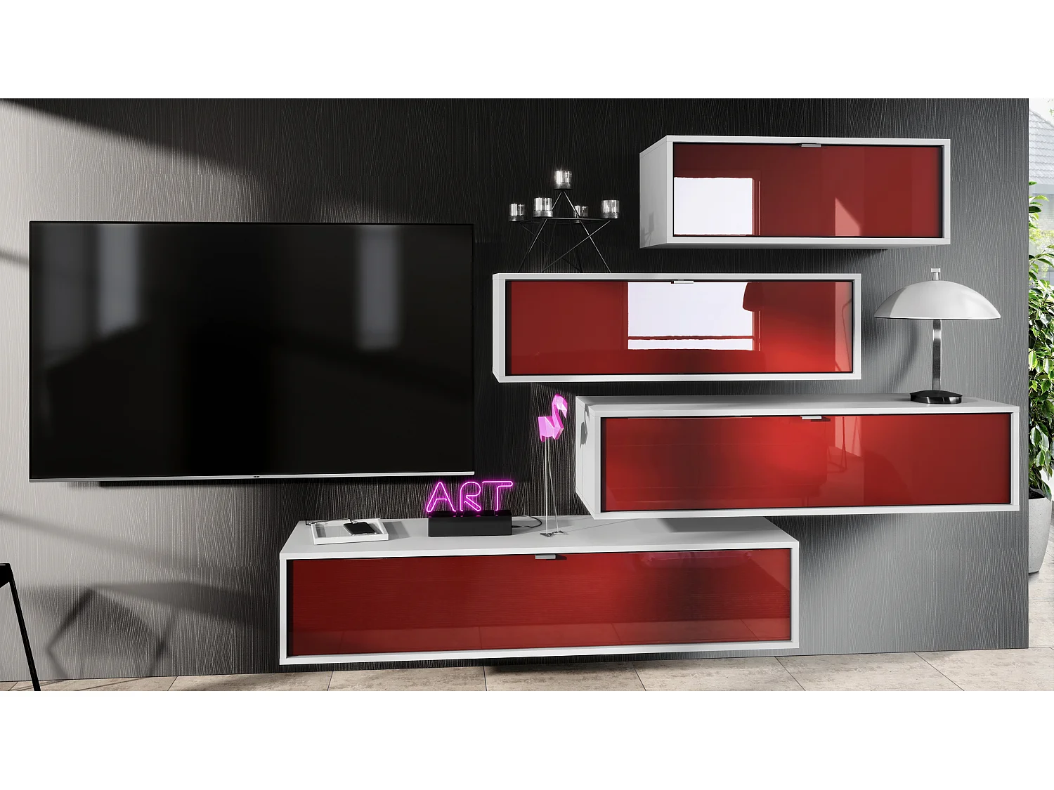 Unité murale Lana V3 composée de 4 unités murales à 10 compartiments, caisson en Blanc mat, façades en Bordeaux haute brillance