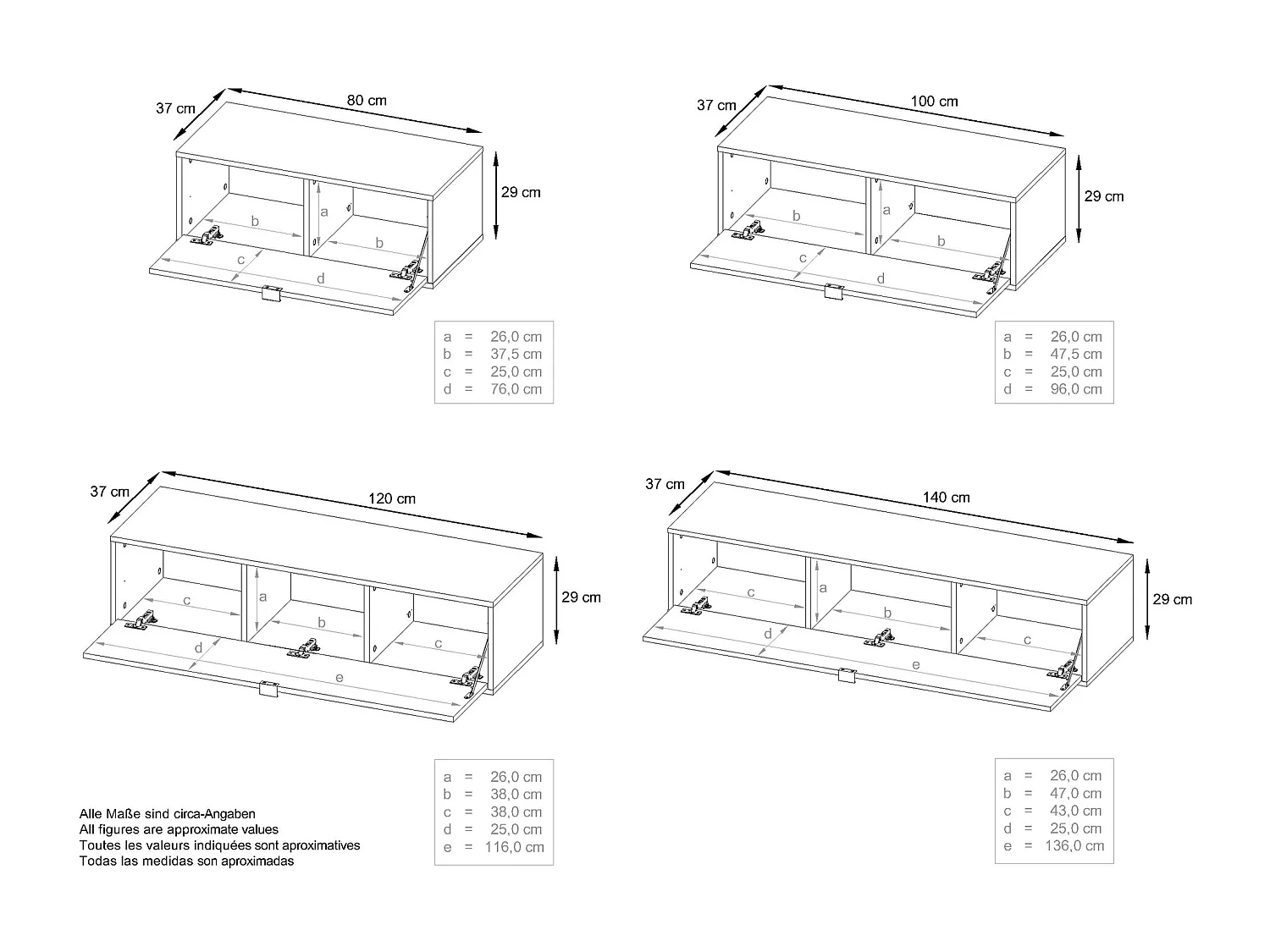Unité murale Lana V3 composée de 4 unités murales à 10 compartiments, caisson en Blanc mat, façades en Bordeaux haute brillance