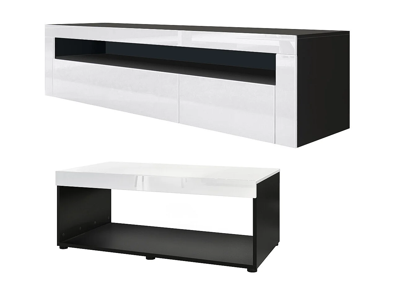 Ensemble de salon  Berlin, composé de 1 meuble TV avec 1 compartiment ouvert et 2 abattants, et 1 table basse, noir mat/blanc haute brillance