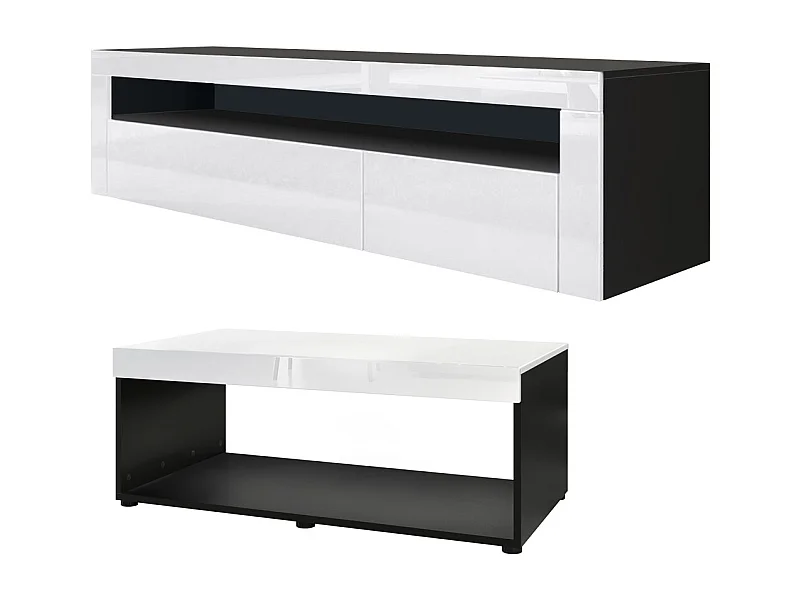Ensemble de salon  Berlin, composé de 1 meuble TV avec 1 compartiment ouvert et 2 abattants, et 1 table basse, noir mat/blanc haute brillance