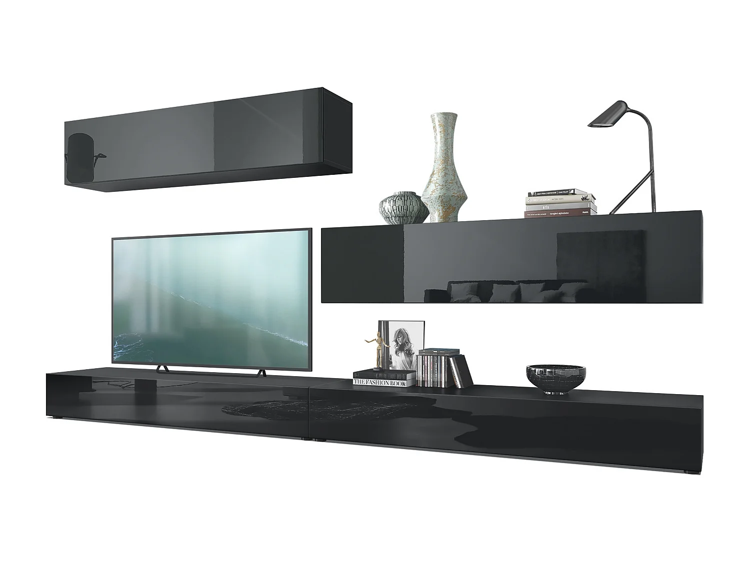 Porta TV  a parete Nublo, struttura in nero opaco / frontali in nero lucido