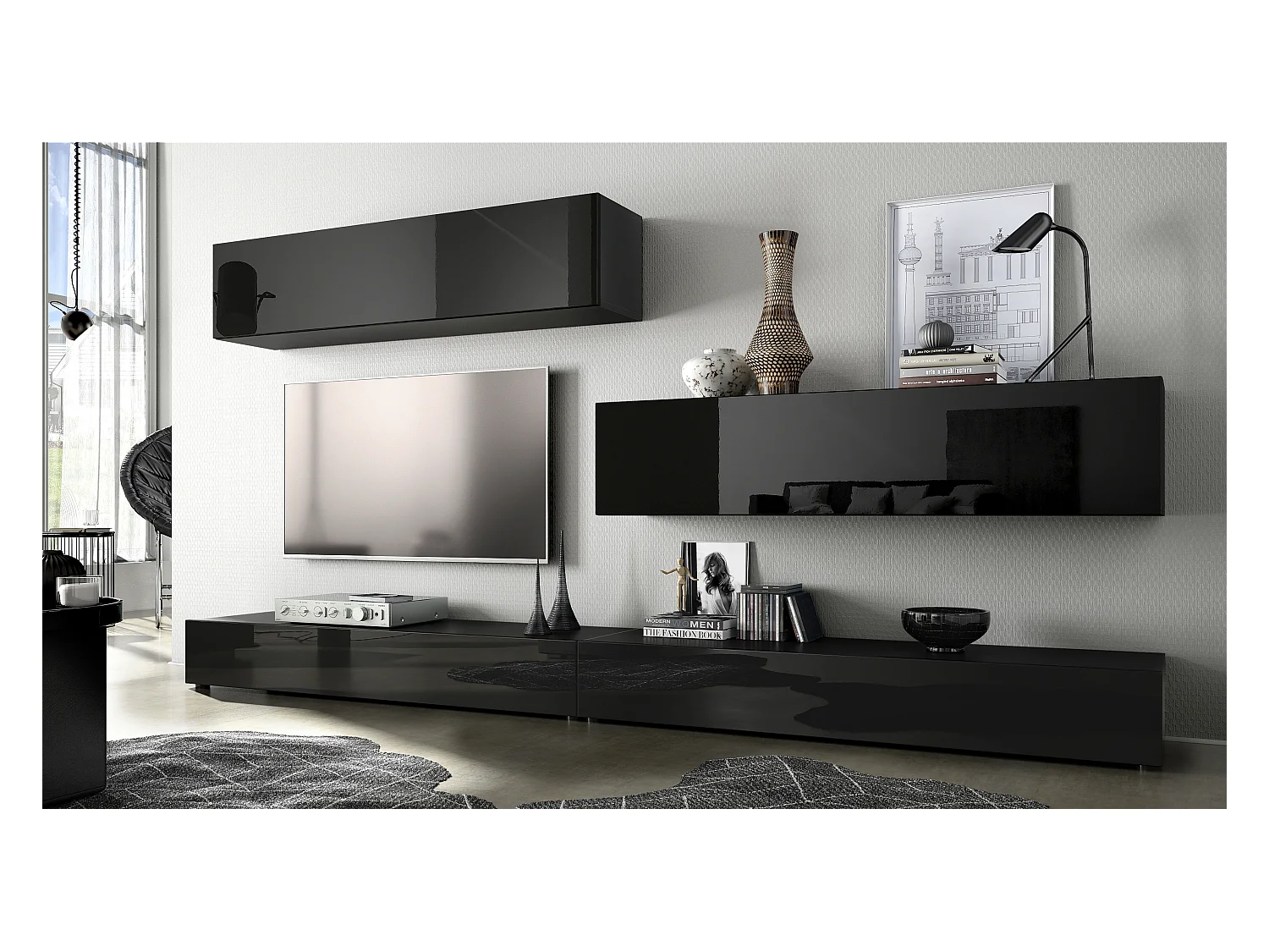 Porta TV  a parete Nublo, struttura in nero opaco / frontali in nero lucido