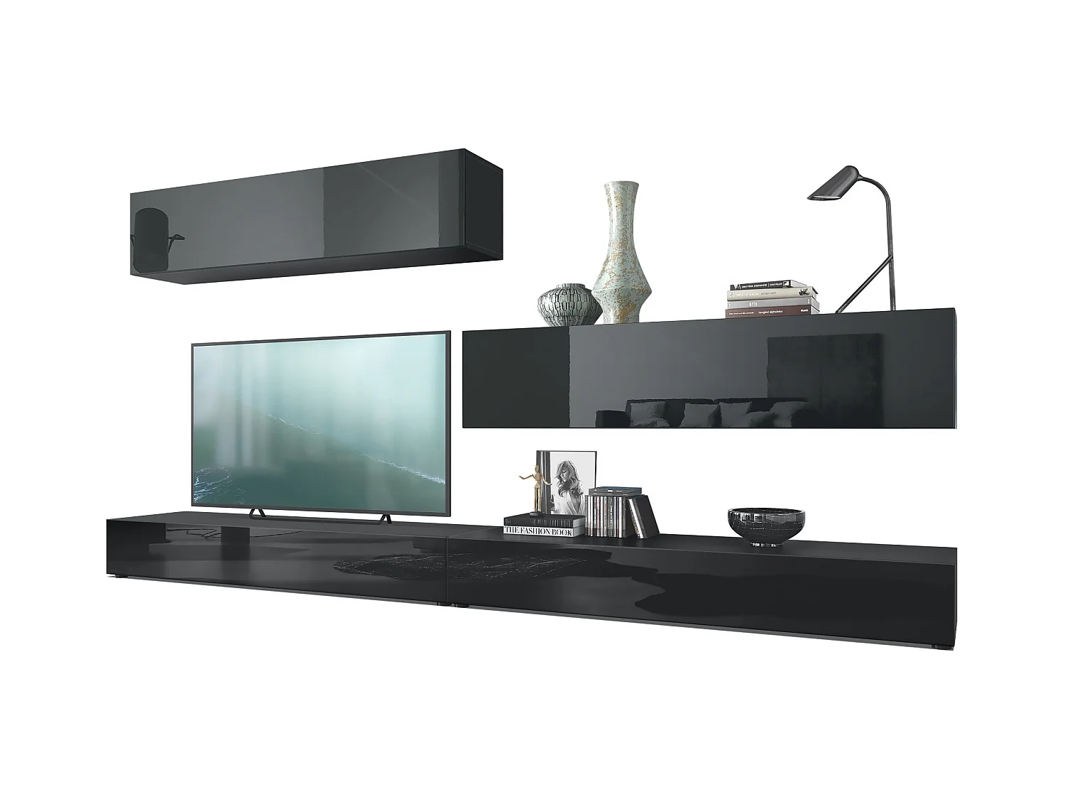 Combinaison murale Armoire Nublo, Corps en Noir mat / Façades en Noir haute brillance