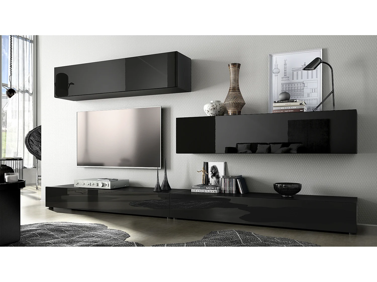 Porta TV  a parete Nublo, struttura in nero opaco / frontali in nero lucido