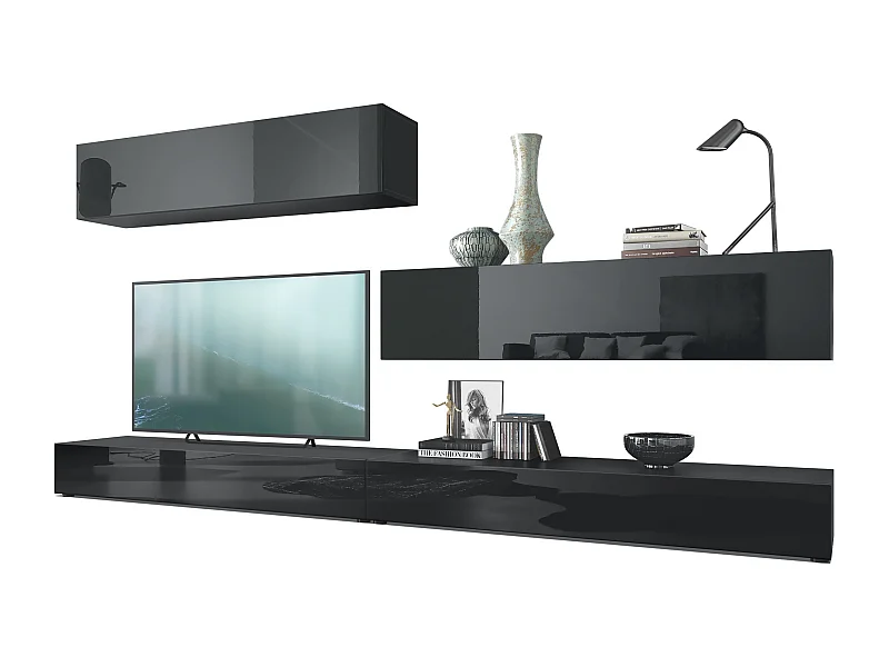 Combinaison murale Armoire Nublo, Corps en Noir mat / Façades en Noir haute brillance