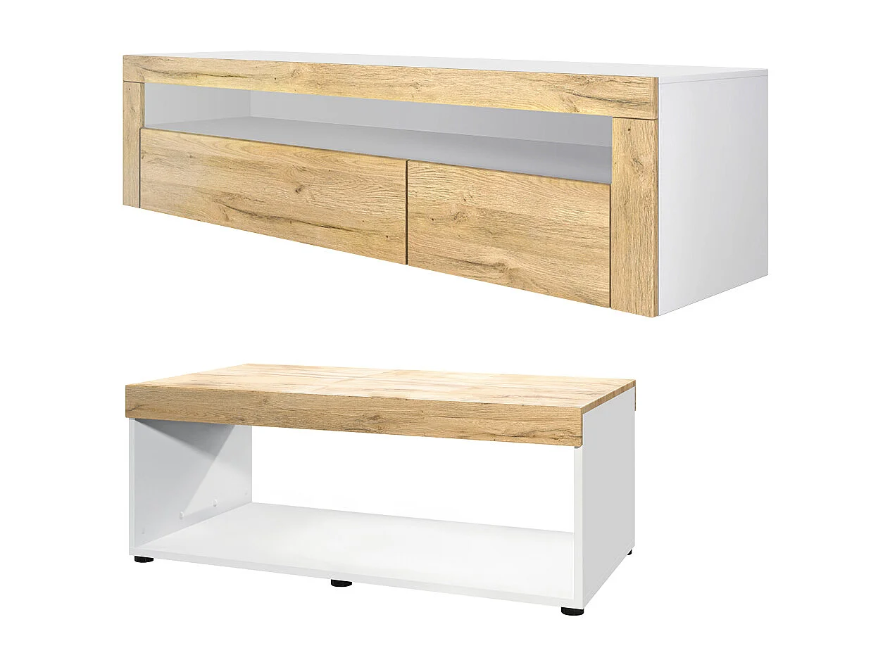 Ensemble de salon  Berlin, composé de 1 meuble TV avec 1 compartiment ouvert et 2 abattants, et 1 table basse, blanc mat/chêne nature