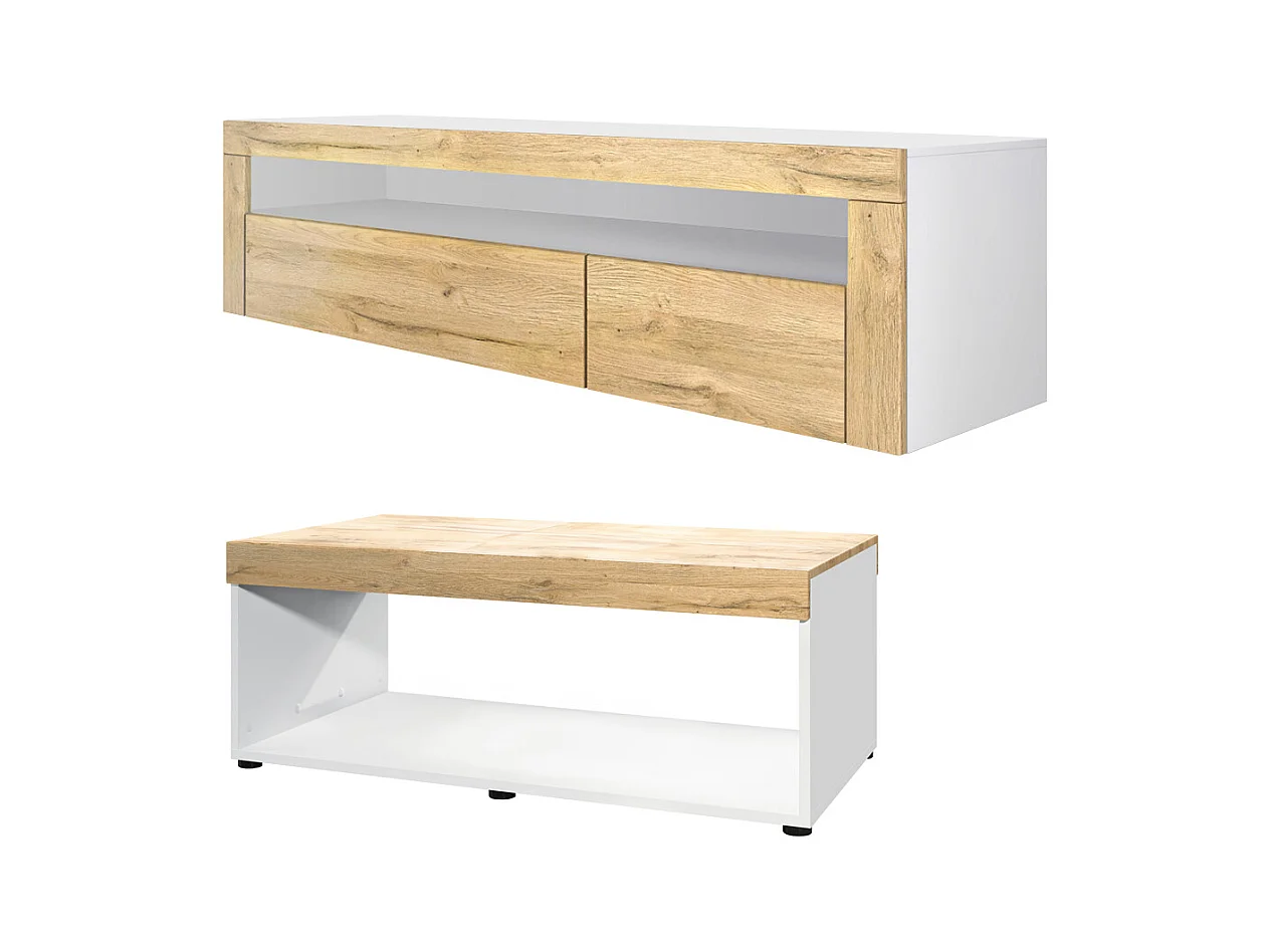 Set soggiorno Vladon Berlin, composto da 1 mobile TV con 1 vano aperto e 2 sportelli, e 1 tavolino da caffè, bianco opaco/rovere naturale