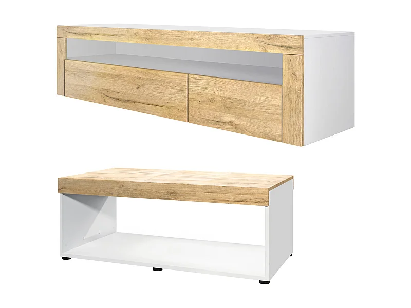 Ensemble de salon  Berlin, composé de 1 meuble TV avec 1 compartiment ouvert et 2 abattants, et 1 table basse, blanc mat/chêne nature