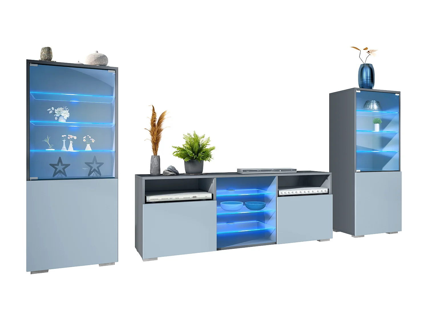 Ensemble mural Granada pour salon, comprenant 2 vitrines et 1 meuble TV, anthracite mat/denim mat éclairage LED inclus (286 x 122,5 x 35 cm)