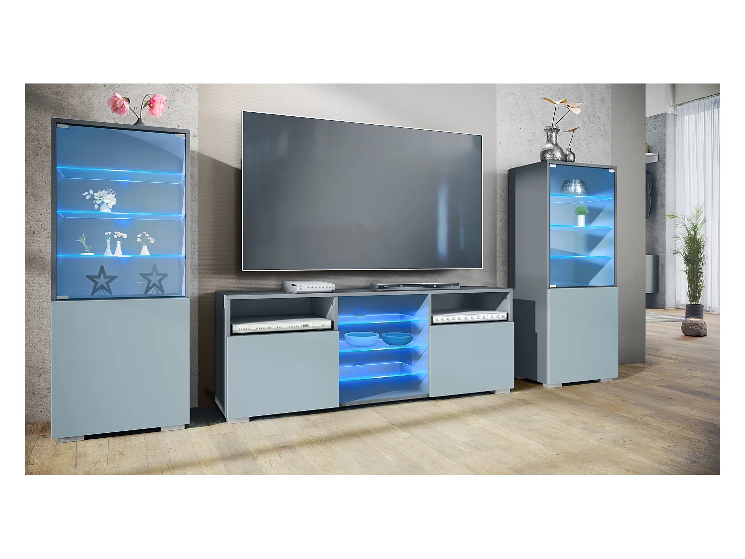 Ensemble mural Granada pour salon, comprenant 2 vitrines et 1 meuble TV, anthracite mat/denim mat éclairage LED inclus (286 x 122,5 x 35 cm)