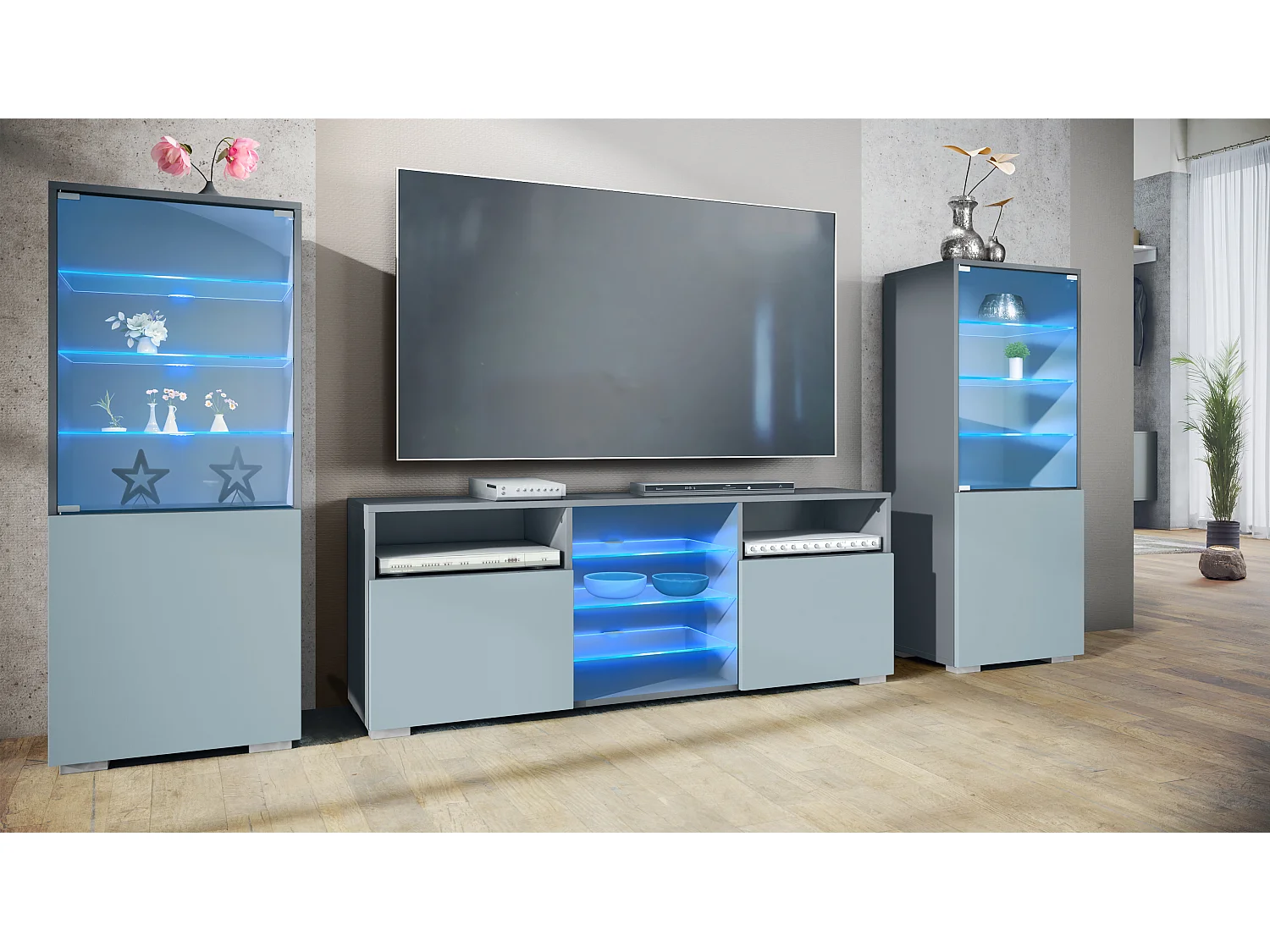 Mueble de pared Granada para sala de estar, compuesto por 2 vitrinas y 1 mueble de TV,antracita mate/mezclilla mate incl. iluminación LED (286 x 122,5 x 35 cm)