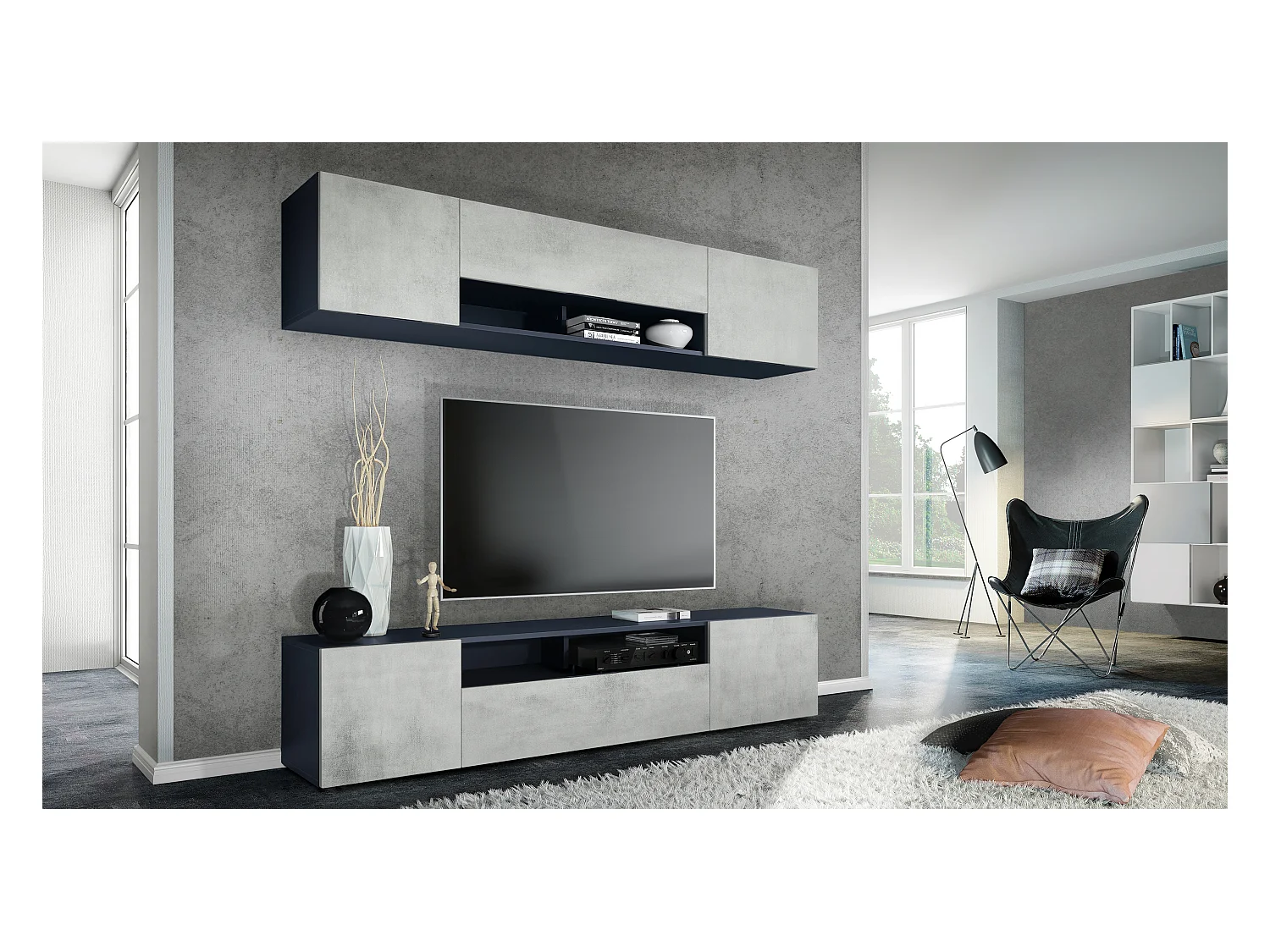 Meuble mural de salon Mogan avec deux éléments de 181x39x35 cm, meuble mural de salon suspendu avec 12 compartiments, Anthracite mat/Aspect Béton Oxyde