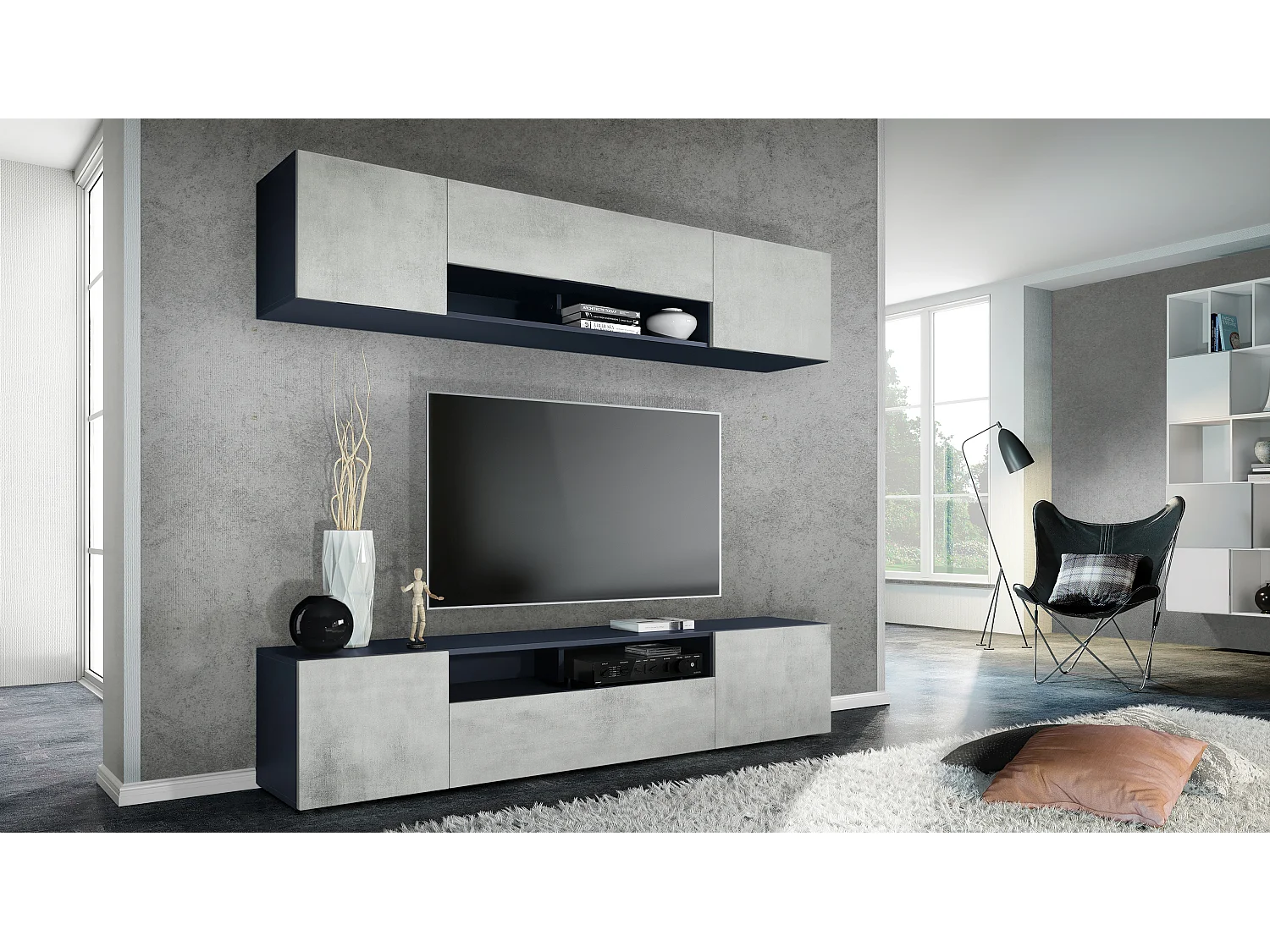 Meuble mural de salon Mogan avec deux éléments de 181x39x35 cm, meuble mural de salon suspendu avec 12 compartiments, Anthracite mat/Aspect Béton Oxyde