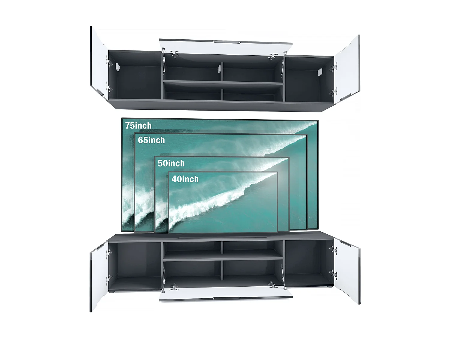 Meuble mural de salon Mogan avec deux éléments de 181x39x35 cm, meuble mural de salon suspendu avec 12 compartiments, Anthracite mat/Aspect Béton Oxyde