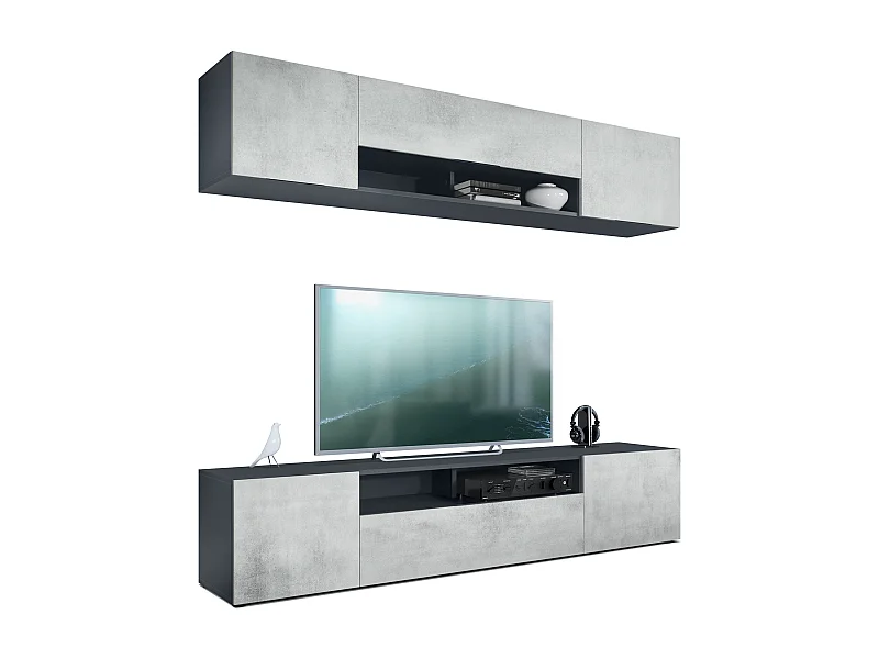 Meuble mural de salon Mogan avec deux éléments de 181x39x35 cm, meuble mural de salon suspendu avec 12 compartiments, Anthracite mat/Aspect Béton Oxyde