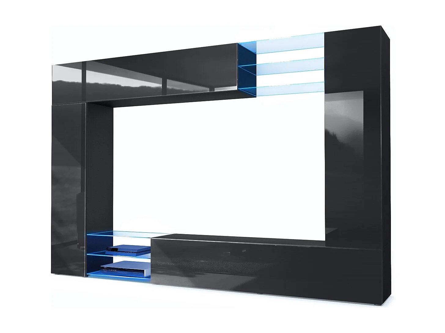 Meuble TV mural Mirage, Ensemble étagère TV et 2 portes, 2 clapets et 6 étagères en verre, Noir mat/Noir brillant, éclairage LED inlcus (262 x 183 x 39 cm)