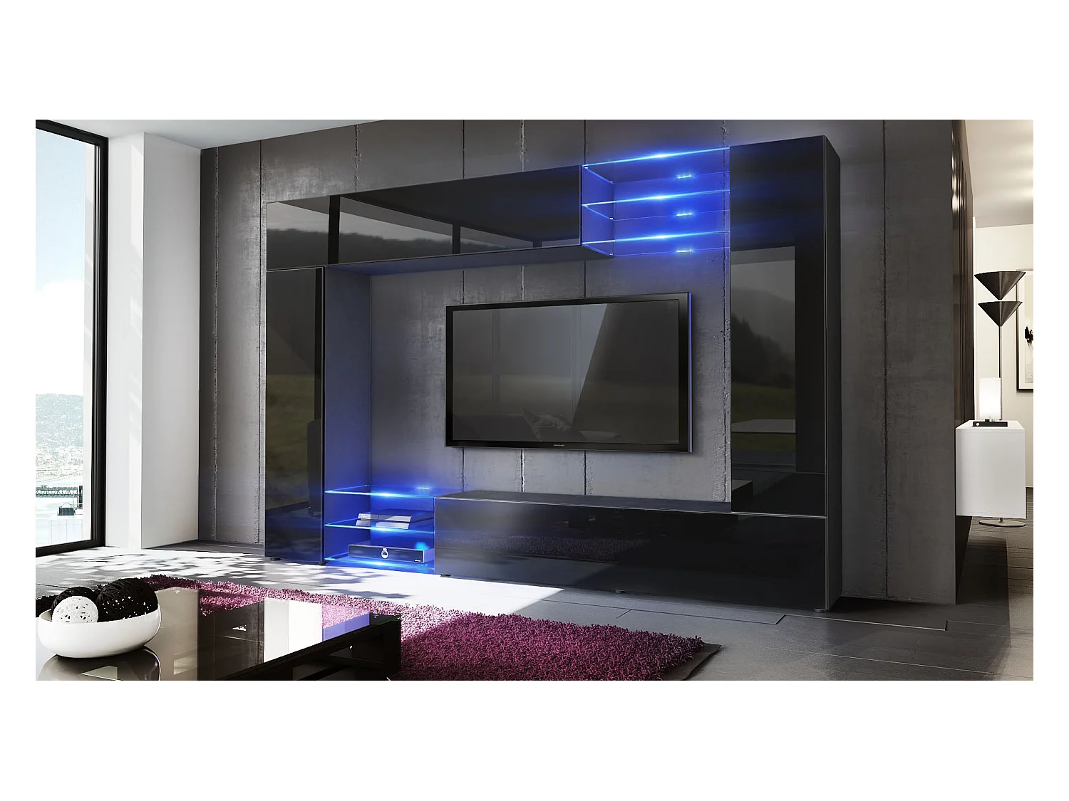 Meuble TV mural Mirage, Ensemble étagère TV et 2 portes, 2 clapets et 6 étagères en verre, Noir mat/Noir brillant, éclairage LED inlcus (262 x 183 x 39 cm)
