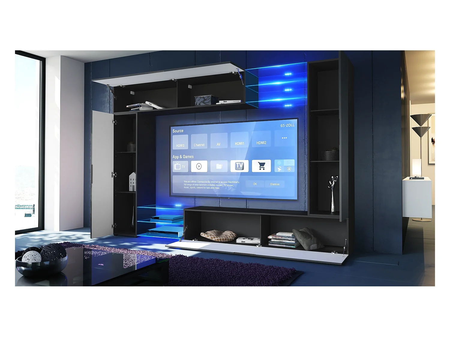 Meuble TV mural Mirage, Ensemble étagère TV et 2 portes, 2 clapets et 6 étagères en verre, Noir mat/Noir brillant, éclairage LED inlcus (262 x 183 x 39 cm)