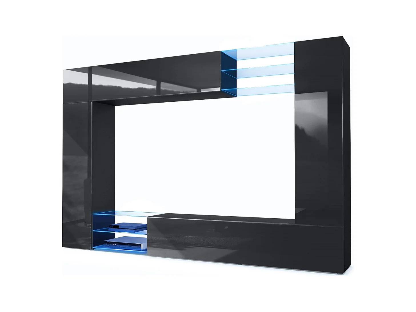 Meuble TV mural Mirage, Ensemble étagère TV et 2 portes, 2 clapets et 6 étagères en verre, Noir mat/Noir brillant, éclairage LED inlcus (262 x 183 x 39 cm)