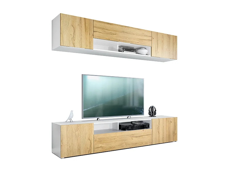 Vladon pared viva Mogan, blanco mate/roble natural - Moderno mueble alto compuesto por 2 estantes para TV (181 x 147 x 35 cm)