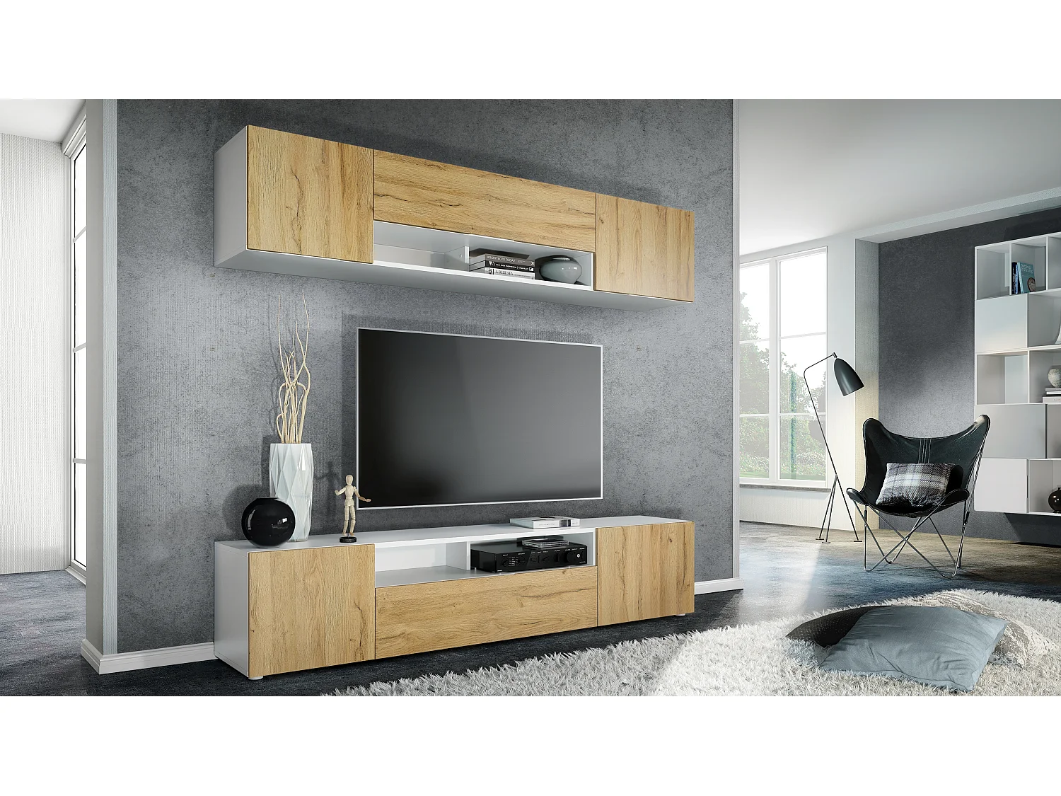 Meuble-paroi Mogan, blanc mat/chêne nature - Meuble mural moderne composé de 2 étagères TV (181 x 147 x 35 cm)