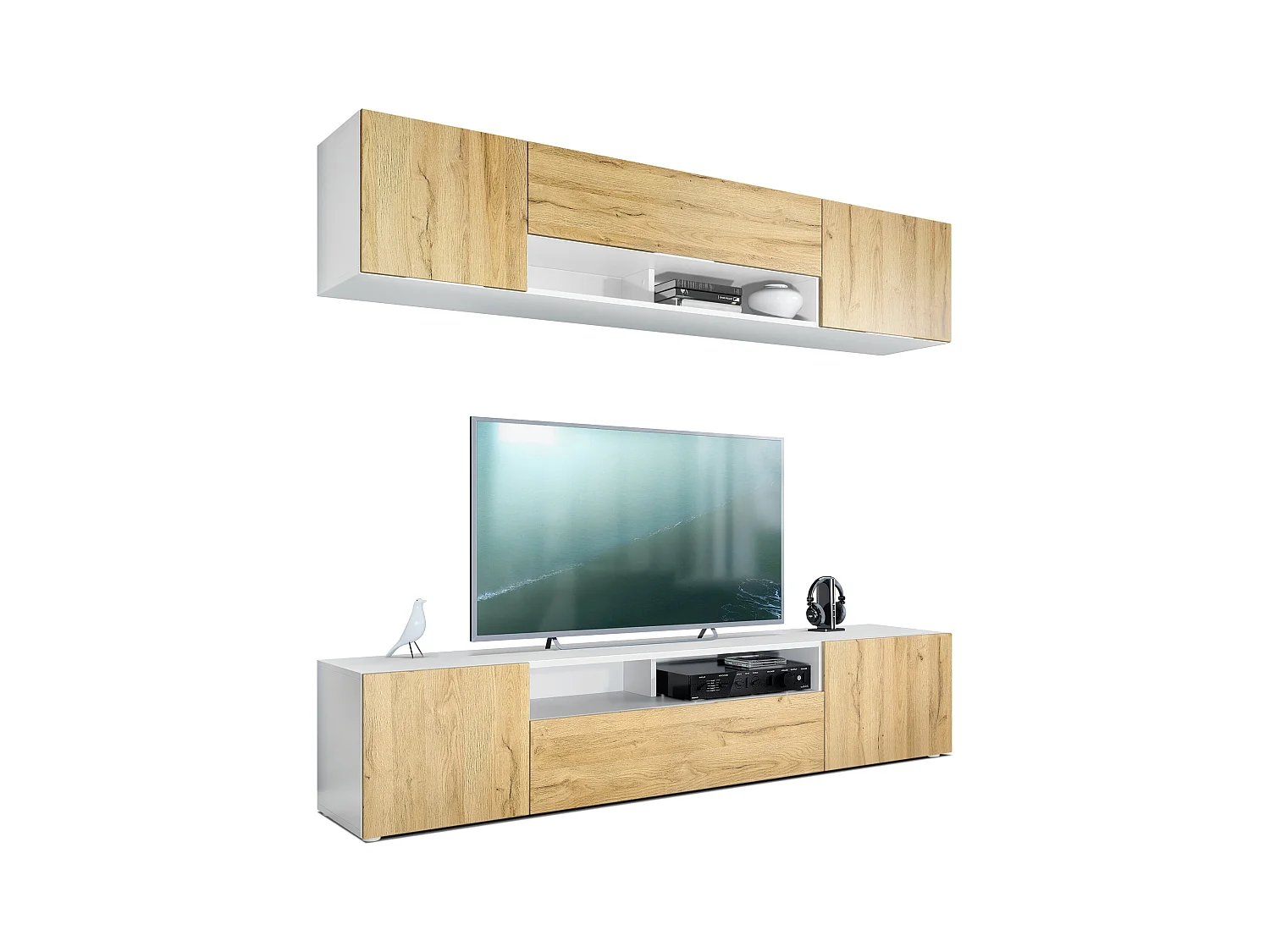 Meuble-paroi Mogan, blanc mat/chêne nature - Meuble mural moderne composé de 2 étagères TV (181 x 147 x 35 cm)