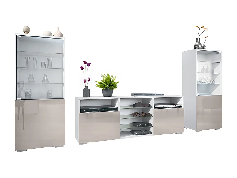 Mueble de pared Granada para sala de estar, compuesto por 2 vitrinas y 1 mueble de TV,blanco mate/gris arena de alto brillo (286 x 122,5 x 35 cm)