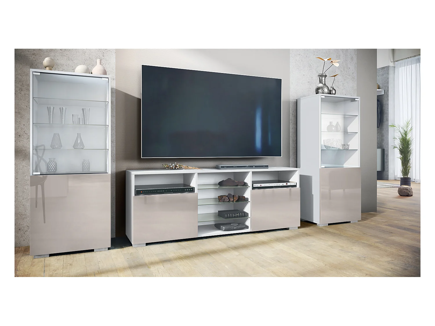 Ensemble mural Granada pour salon, comprenant 2 vitrines et 1 meuble TV, blanc mat/gris sable haute brillance (286 x 122,5 x 35 cm)