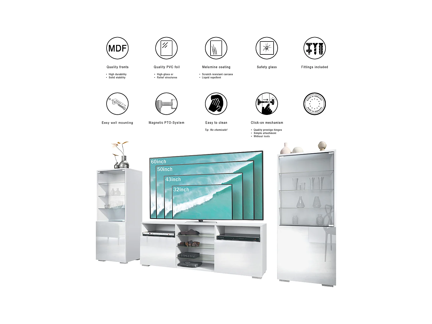 Ensemble mural Granada pour salon, comprenant 2 vitrines et 1 meuble TV, blanc mat/gris sable haute brillance (286 x 122,5 x 35 cm)