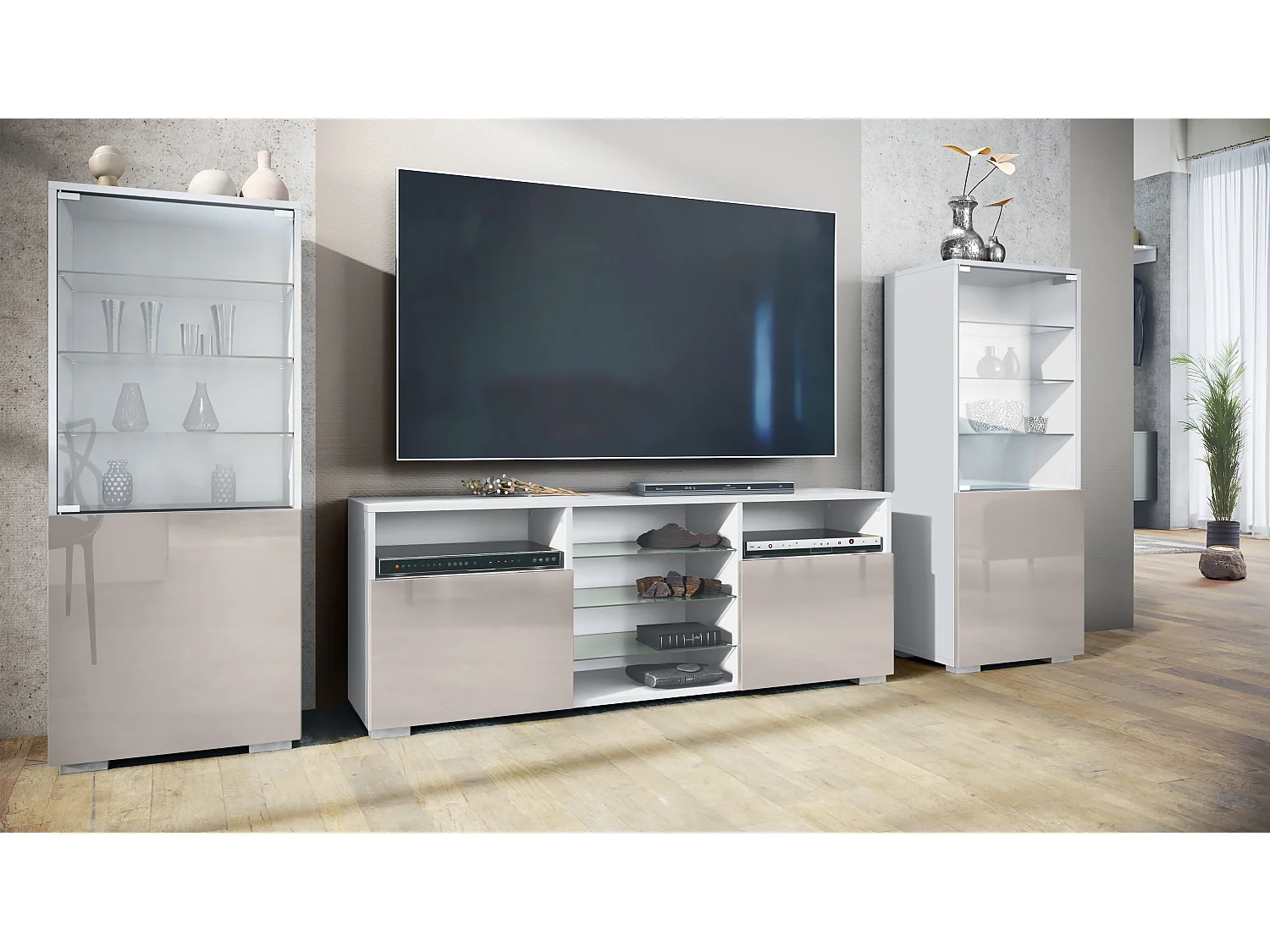 Ensemble mural Granada pour salon, comprenant 2 vitrines et 1 meuble TV, blanc mat/gris sable haute brillance (286 x 122,5 x 35 cm)