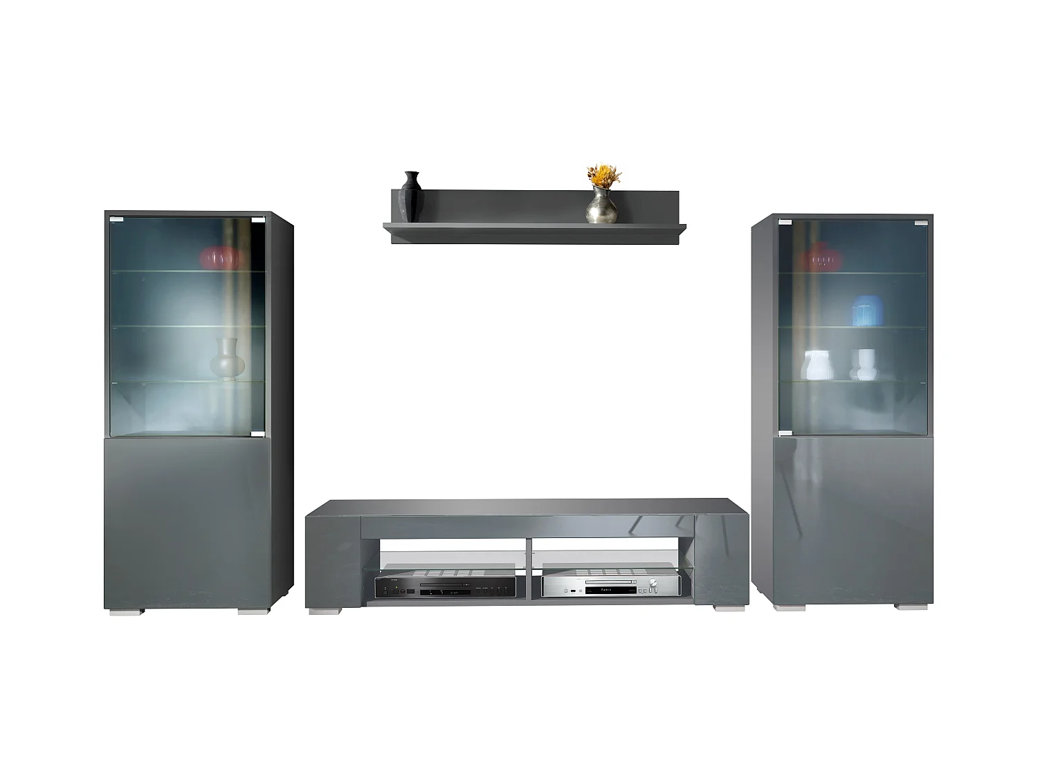 Ensemble mural Nevada V2, meuble de salon composé de 2 vitrines, 1 meuble TV et 1 étagère murale, Anthracite mat/gris haute brillance (304,5 x 141 x 39 cm)
