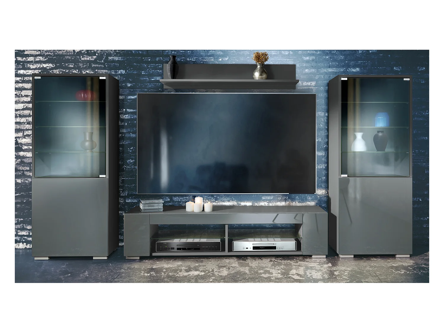 Ensemble mural Nevada V2, meuble de salon composé de 2 vitrines, 1 meuble TV et 1 étagère murale, Anthracite mat/gris haute brillance (304,5 x 141 x 39 cm)