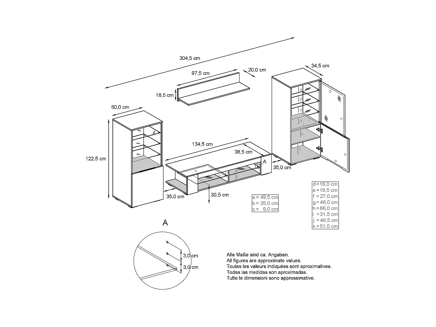 Ensemble mural Nevada V2, meuble de salon composé de 2 vitrines, 1 meuble TV et 1 étagère murale, Anthracite mat/gris haute brillance (304,5 x 141 x 39 cm)