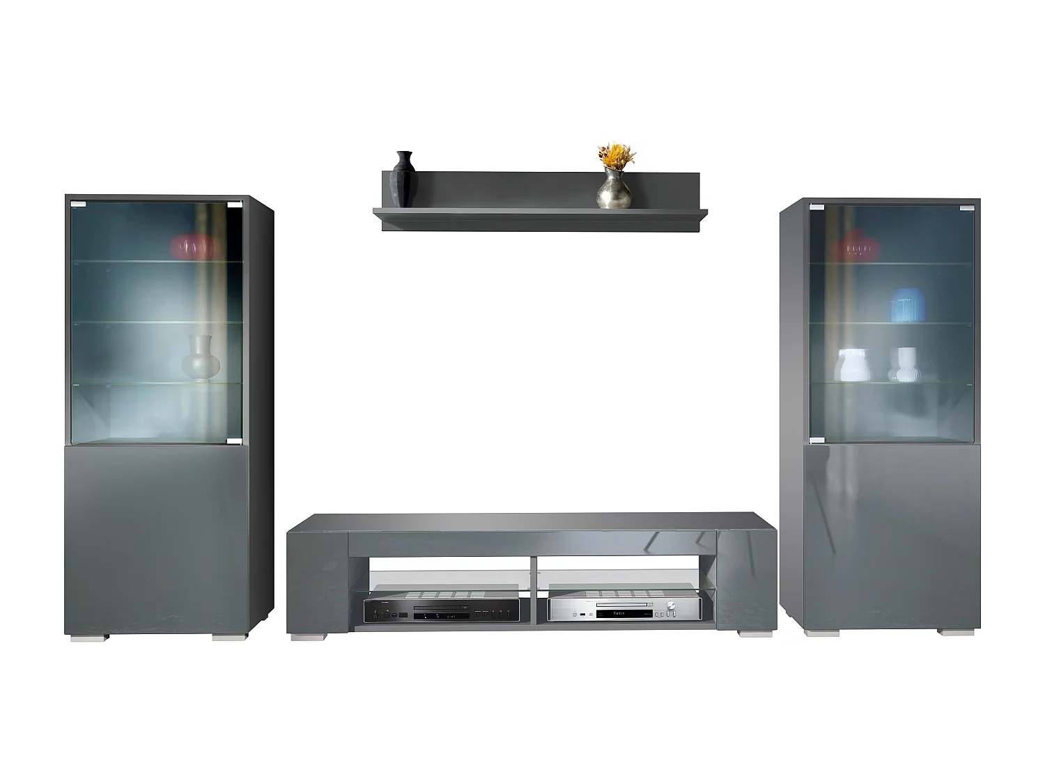 Mueble de pared Nevada V2, conjunto de salón compuesto por 2 vitrinas, 1 mueble de TV y 1 estante de pared,Antracita mate/gris de alto brillo (304,5 x 141 x 39 cm)