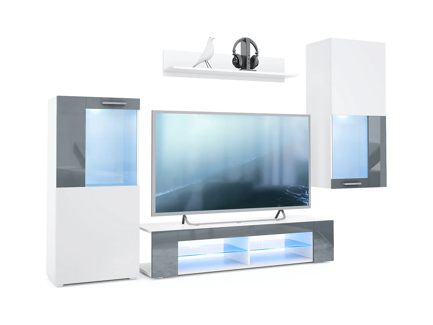 Ensemble de salon Movie comprenant 1 meuble bas TV, 2 vitrines et 1 étagère, Blanc mat/Gris haute brillance, (Dimensions totales : 300 x 190 x 39 cm)