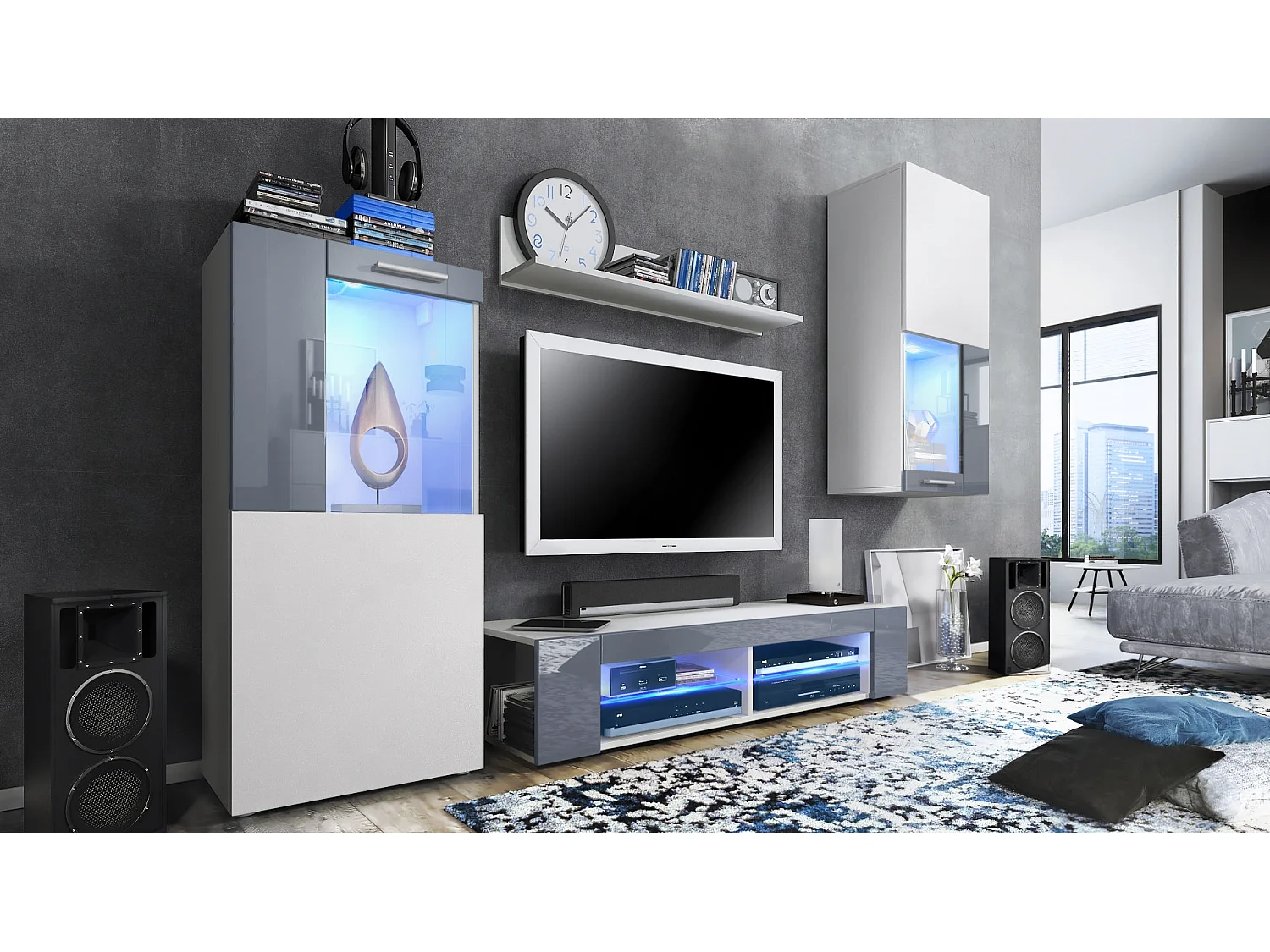 WOHNWAND Movie Absetzungen in Grau Hochglanz