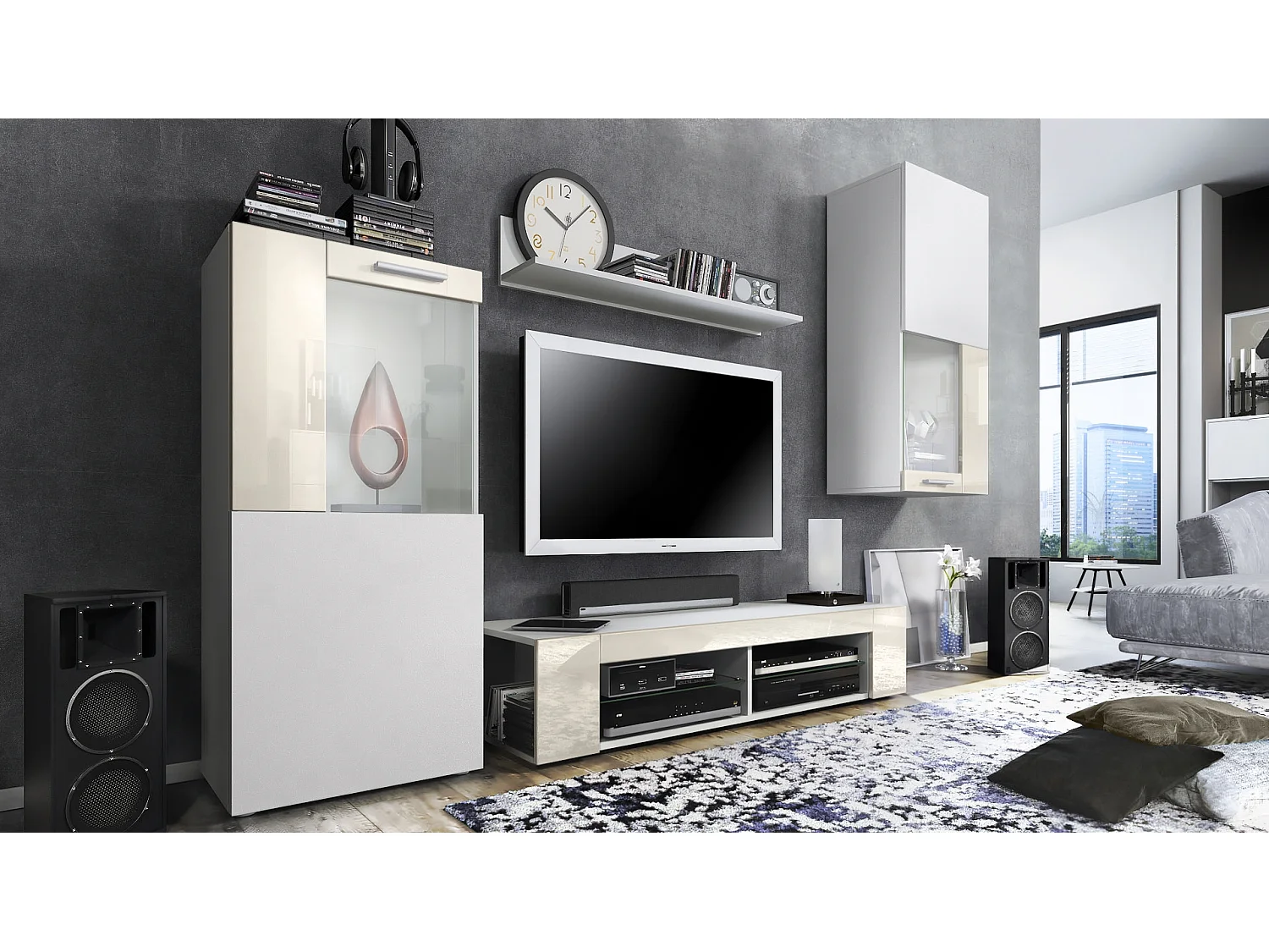 Ensemble de salon Movie comprenant 1 meuble bas TV, 2 vitrines et 1 étagère, Blanc mat/Crème haute brillance, (Dimensions totales : 300 x 190 x 39 cm)