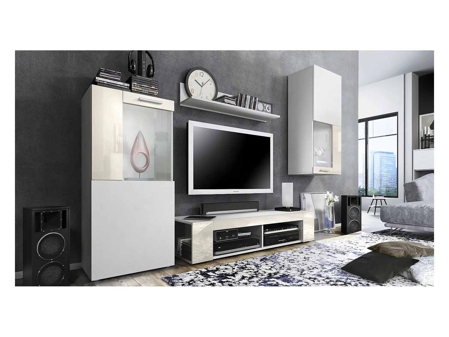 Ensemble de salon Movie comprenant 1 meuble bas TV, 2 vitrines et 1 étagère, Blanc mat/Crème haute brillance, (Dimensions totales : 300 x 190 x 39 cm)