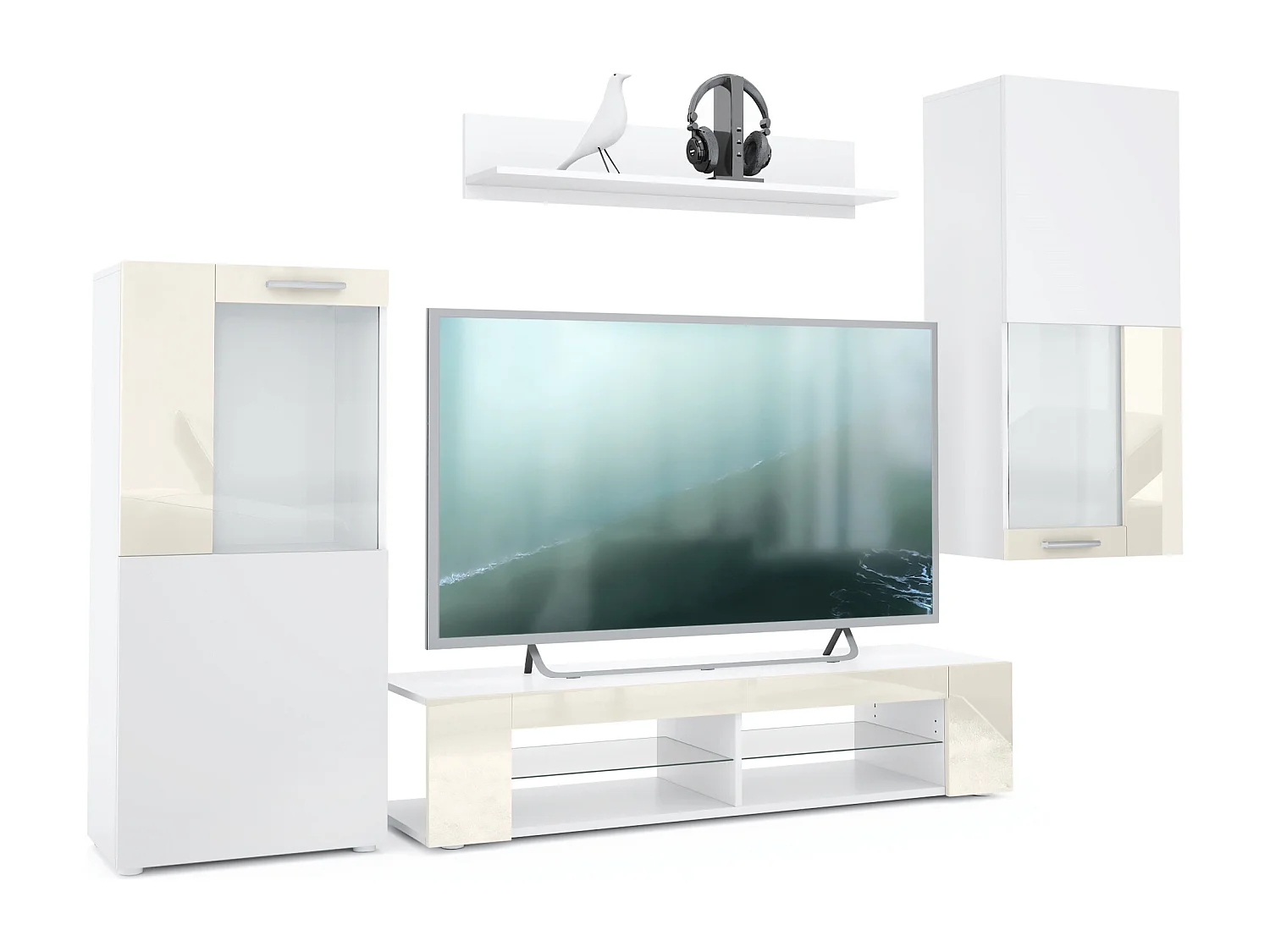 Ensemble de salon Movie comprenant 1 meuble bas TV, 2 vitrines et 1 étagère, Blanc mat/Crème haute brillance, (Dimensions totales : 300 x 190 x 39 cm)