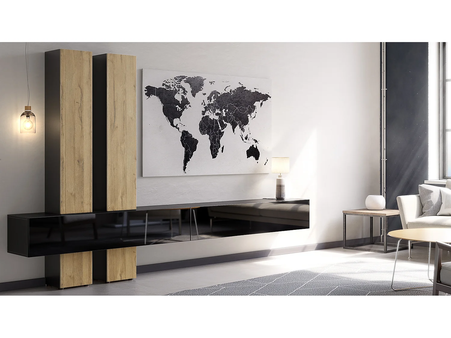 Meuble-paroi Moja de  - Noir mat & noir/chêne nature - Meuble-paroi moderne pour votre salon (LxHxP) 330 x 204 x 39 cm