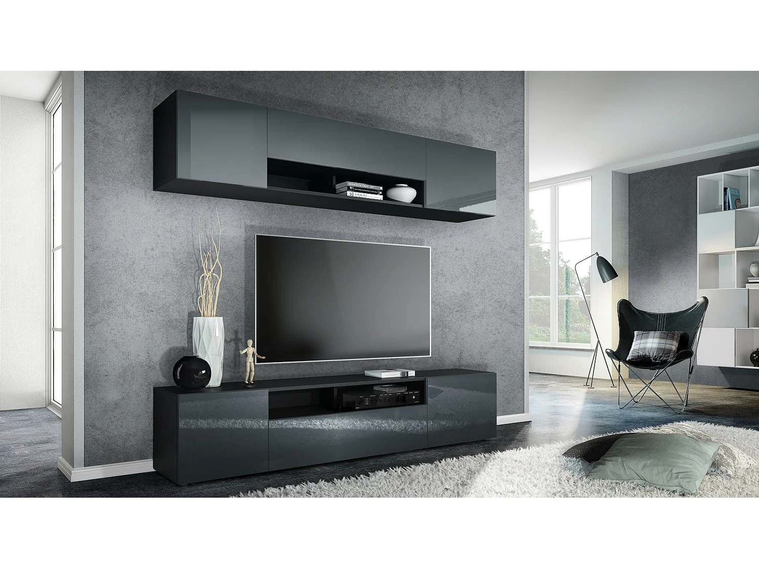 Meuble-paroi Mogan, noir mat/gris haute brillance - Meuble mural moderne composé de 2 étagères TV (181 x 147 x 35 cm)