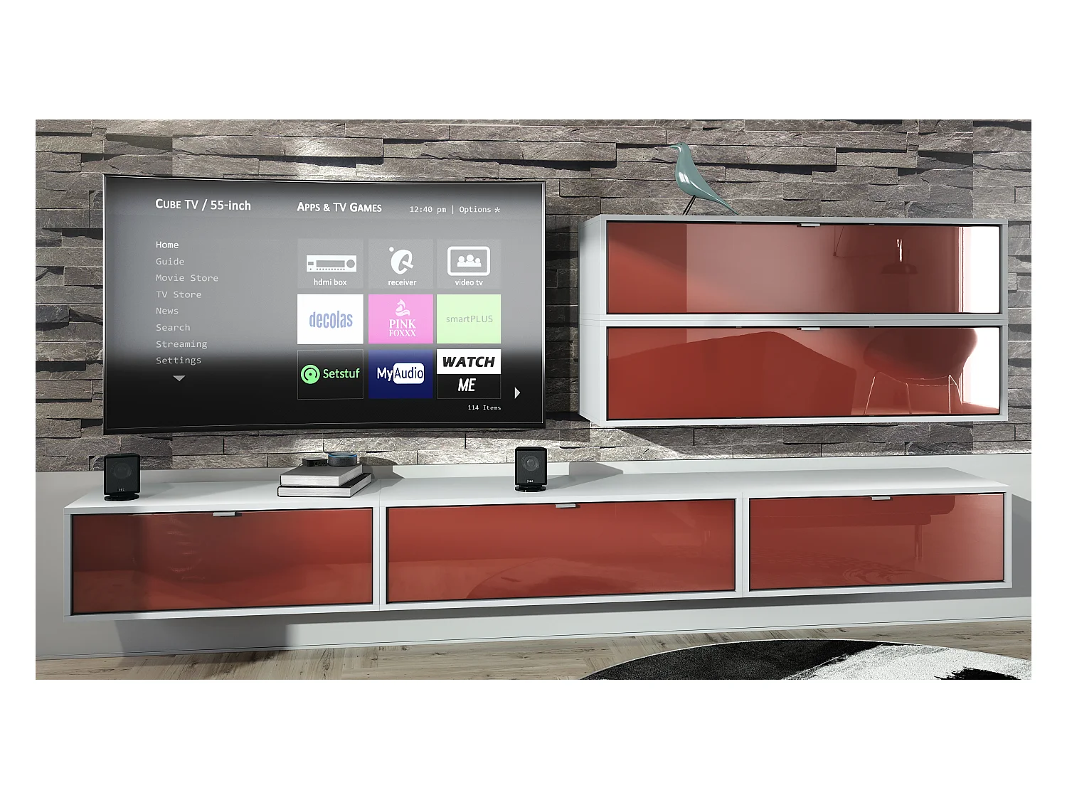 Unité murale Lana V2 composée de 5 unités murales à 12 compartiments, caisson en Blanc mat, façades en Bordeaux haute brillance