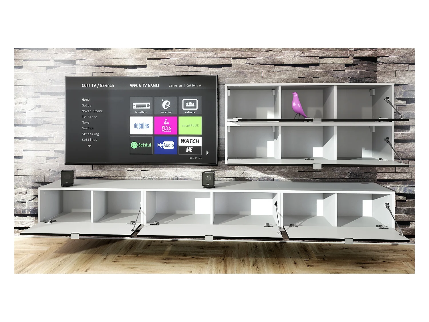 Unité murale Lana V2 composée de 5 unités murales à 12 compartiments, caisson en Blanc mat, façades en Bordeaux haute brillance