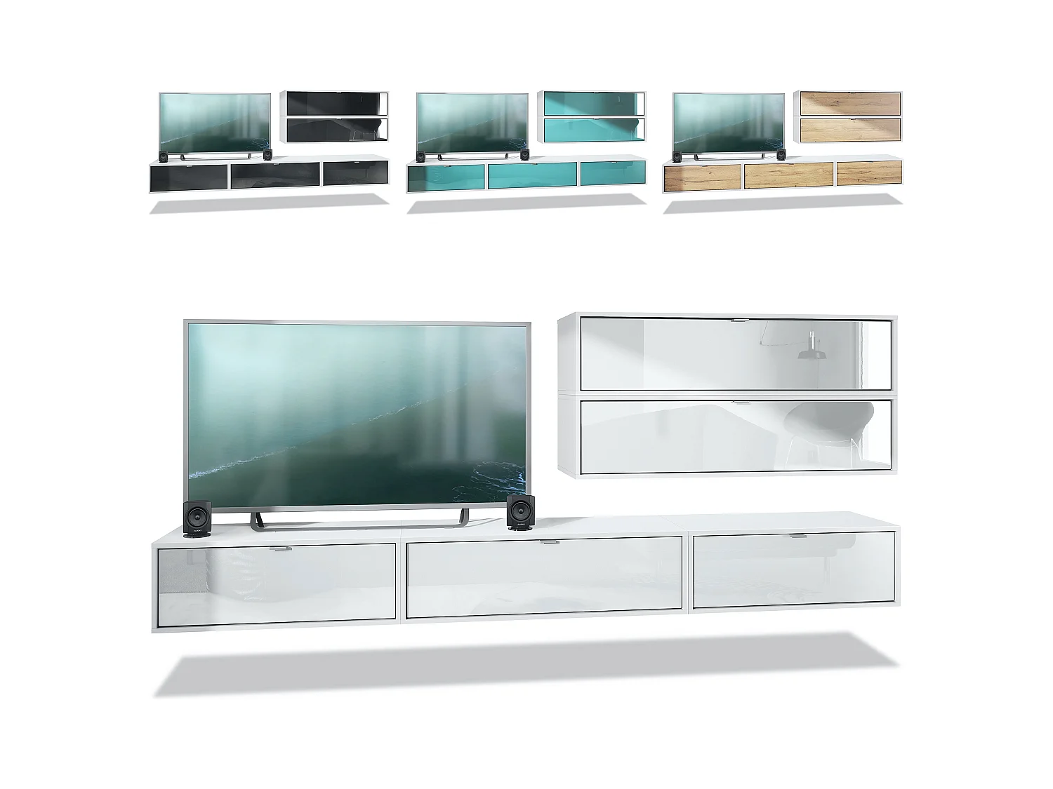 Unité murale Lana V2 composée de 5 unités murales à 12 compartiments, caisson en Blanc mat, façades en Bordeaux haute brillance